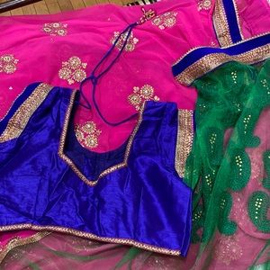 Pink green Blue Colorblock indian Sari